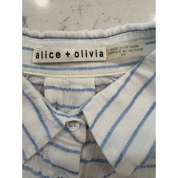 Alice + Olivia Blue White Striped Linen Blend Tunic Button Shirt Coastal Small - Picture 4 of 9